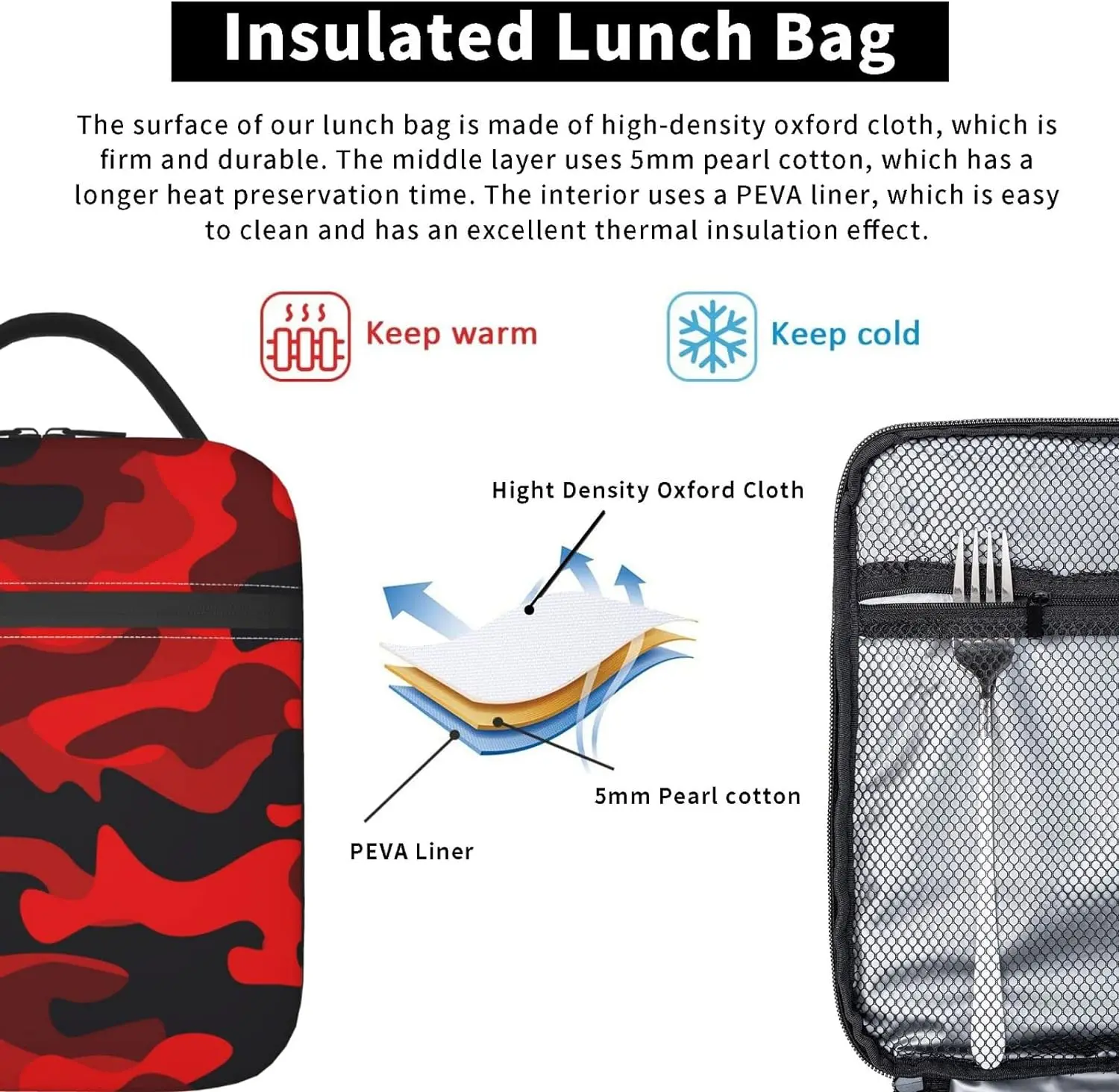 Lunch Box Military Camouflake Camo Red Black Insulated Bag Reusable with Side Pocket for Work School Picnic Hiking Daytrip Kids