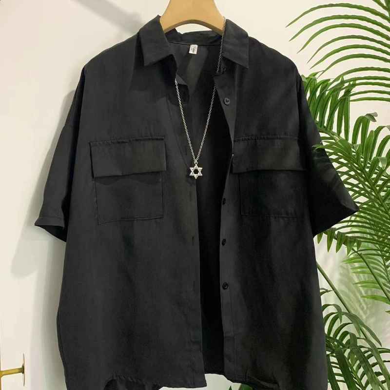 DAYIFUN Necklace Decoration Shirt Women Summer Pocket Design Black Blouse Loose Short Sleeve Collar Handsome Preppy Style Blusas