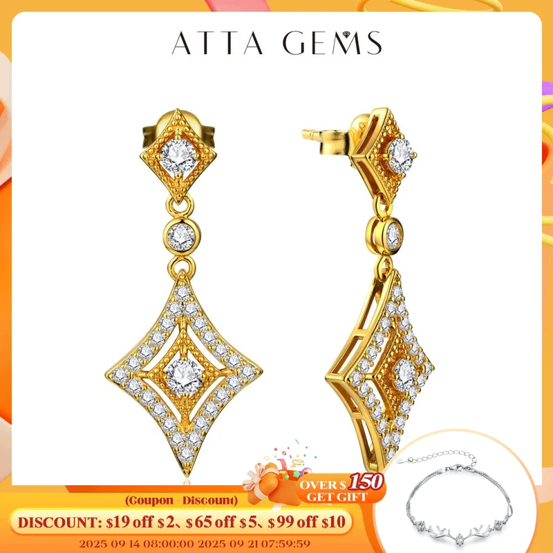 

ATTAGEMS Luxurly D Color VVS1 Brilliant Moissanite Earrings for Women 925 Sterling Silver Yellow Gold Plated Anniversary Jewelry