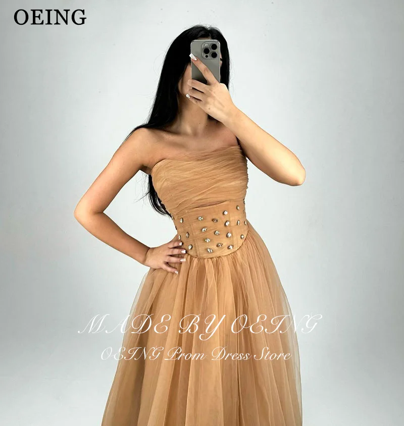 OEING A-Line Prom Dresses Soft Tulle Elegant Strapless Pleat Ruched Party Gowns Floor-Length Vestidos de noche