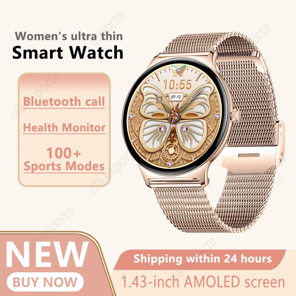 رقيقة جدا Smartwatch النساء 1.43 "HD AMOLED شاشة بلوتوث دعوة الساعات الذكية معدل ضربات القلب الصحة الرياضة اللياقة البدنية لنظام أندرويد IOS