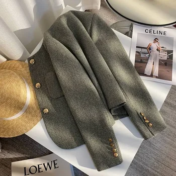 Dames herfst/winter Frans klein geur kort tweed colbert retro effen kleur ronde hals single-breasted