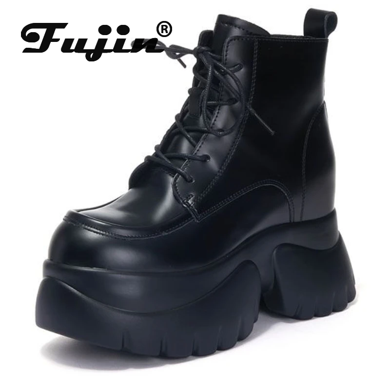 

Fujin 10cm Cow Genuine Leather Spring Women Autumn British Motorcycle Fashion Ankle Boots Platform Wedge Flats Slip on Shoes