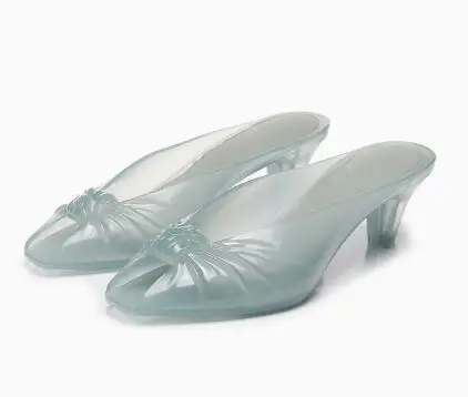 2026hot Women Smoky Gray Jelly Mules Knotted Front Peep Toe Transparent Clear Mid Heel Slip On Slides Casual Beach Party Sandals
