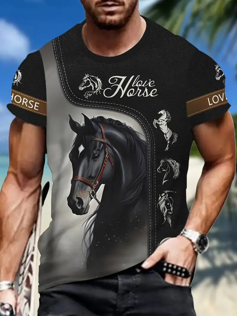 Black White Horse Graphic 3d Full Print T-shirt For Men Fashion Short Sleeve Crew Neck Tshirt Casual Summer Oversized Unisex Top