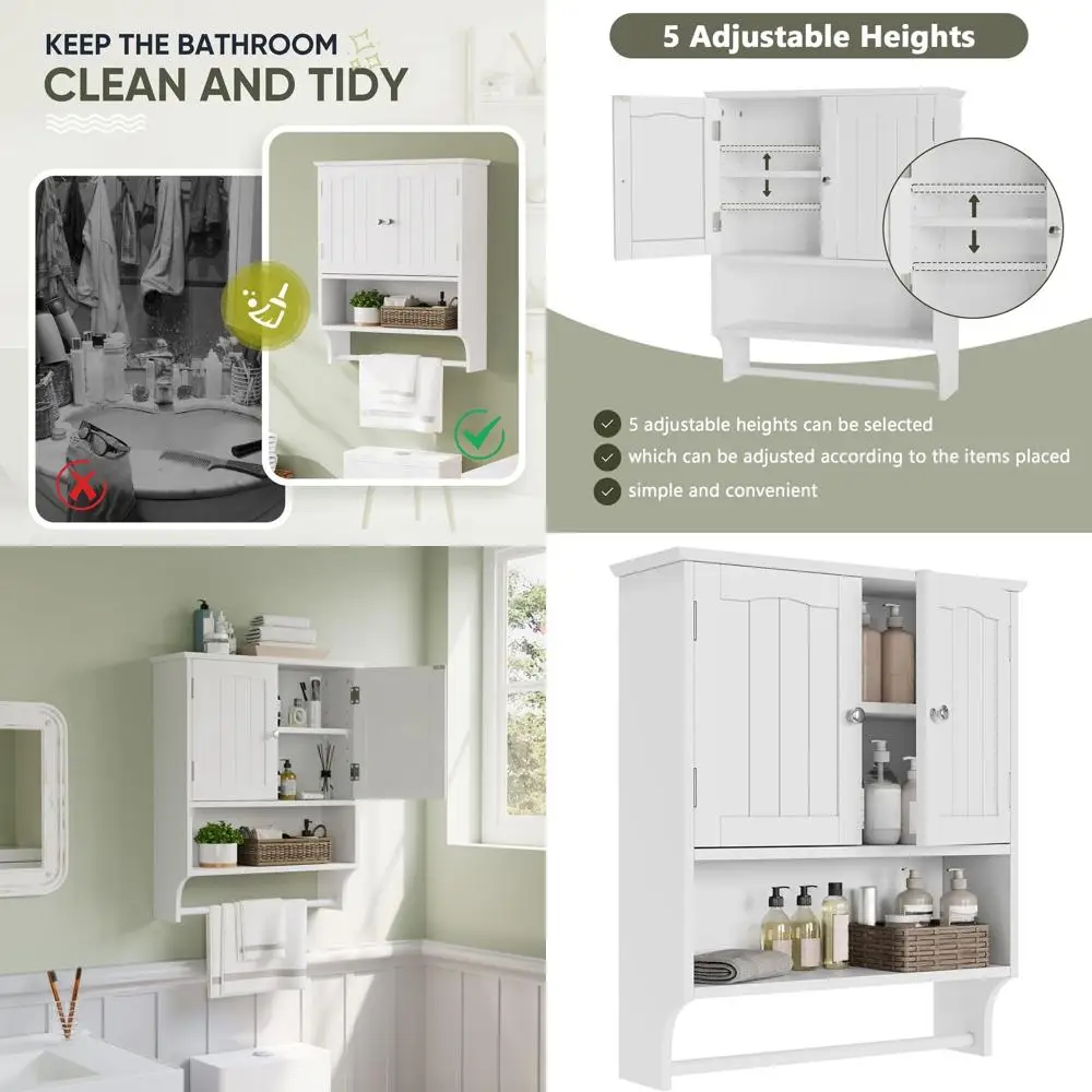 

Настенный белый шкаф для ванной комнаты с держателем для полотенец и 2-дверным отсеком для хранения медикаментов