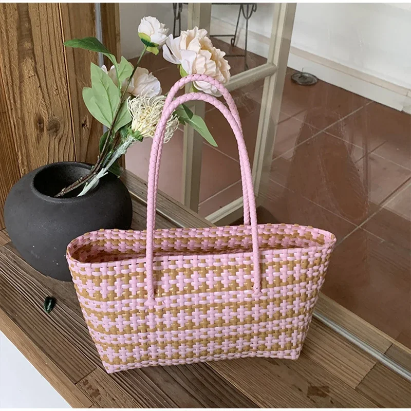 Handgefertigte Colorblock-Webtasche, Damen-Sommer-Tragetasche, Sommer-Einkaufstasche für Strandurlaub, Picknick, Haustiertransport – Detail 29