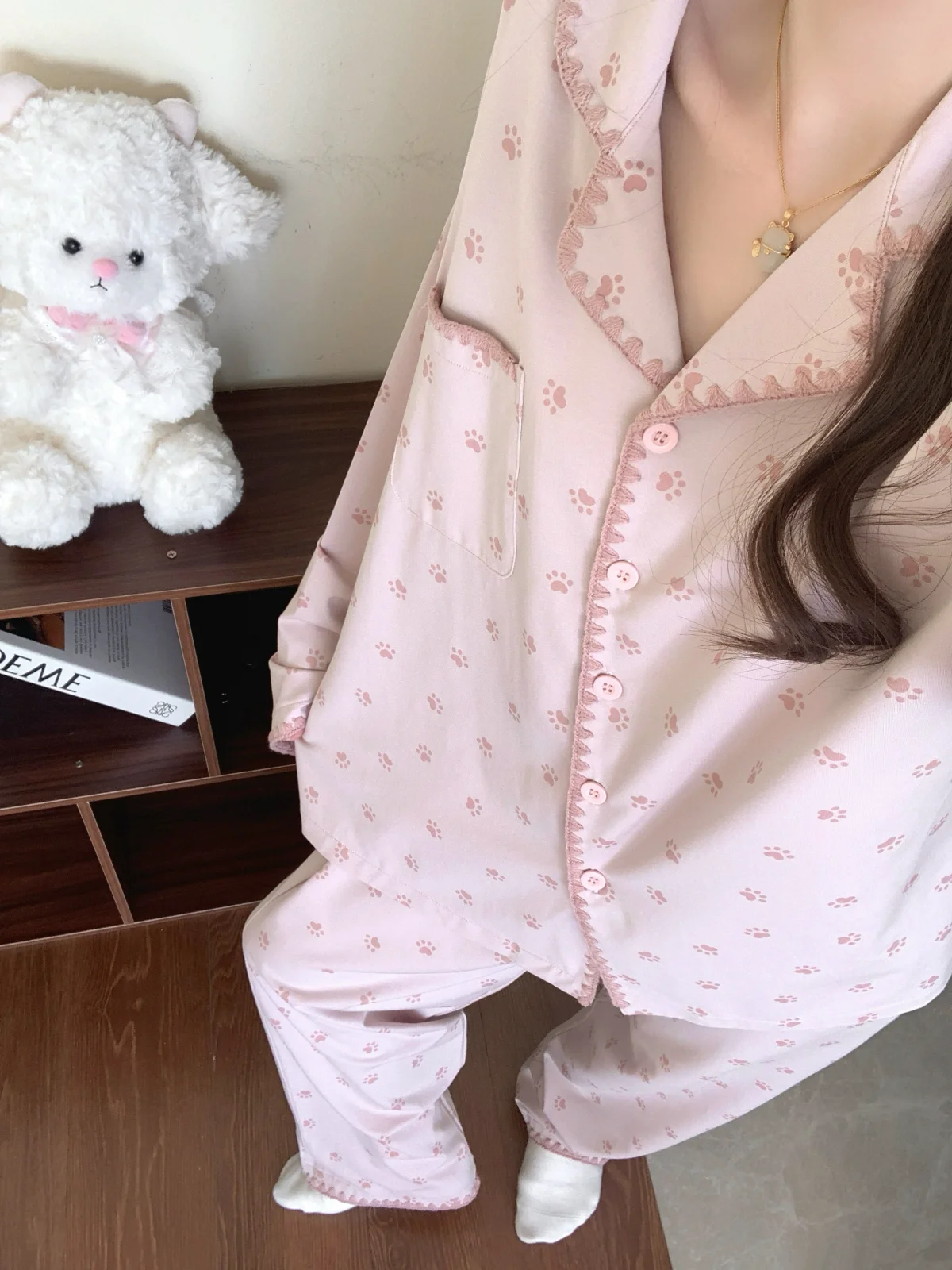 甘い猫の足跡柄長袖春秋パジャマ女性用純綿生地00-コットンホームウェア新作2025春