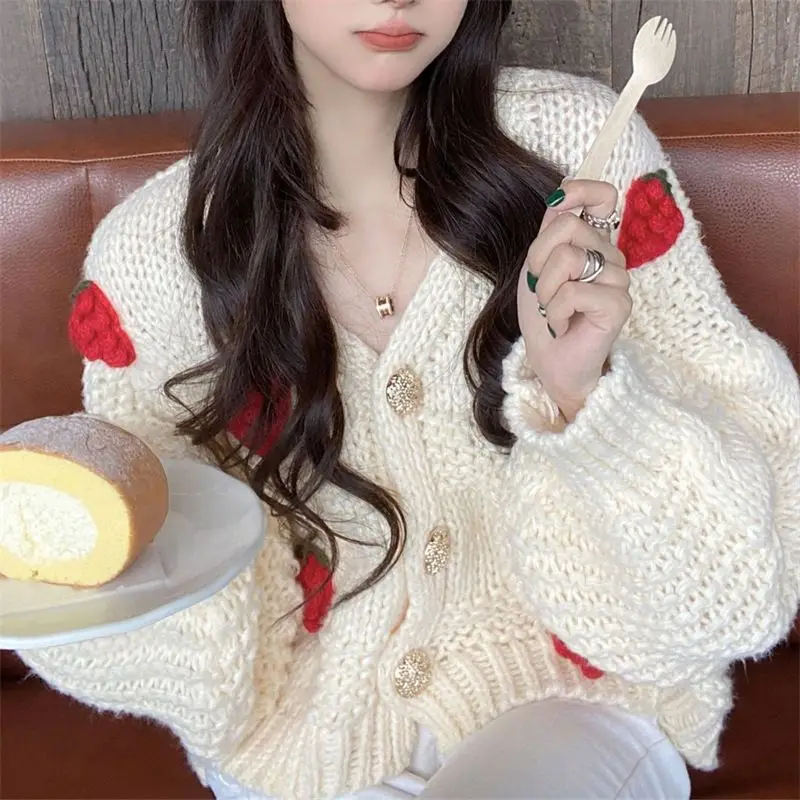 Sweaters Women Sweet Strawberry Design Autumn Cozy Long Sleeve Girlish Straight Cute Cardigan Casual V-neck Harajuku Knitwear