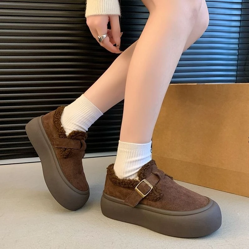 Women Winter keep warm short plush suede Adjustable Needle Buckle Boots Fashion thick sole Snow Boots non-slip Platform Boots