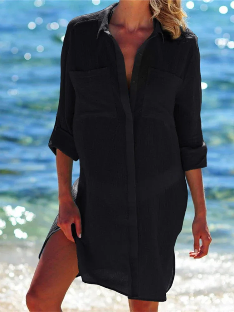 واقية من الشمس بيكيني التستر الصيف ملابس السباحة قميص النساء ملابس السباحة الشاطئ التستر بوهو بحر فساتين بيضاء الصلبة