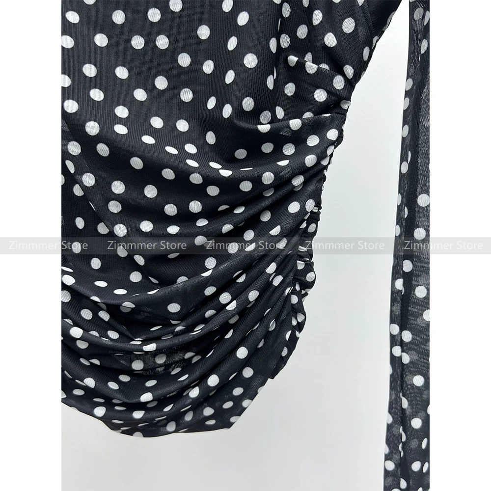 Retro chic V-neck elegant polka dot print long sleeve t-shirt + high waist half skirt suit women