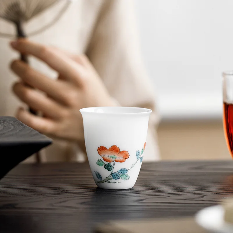 Ice-like White Jade Hand-Painted Cup Household Single Buddha Hand Persimmon Porcelain Tasting Customization
