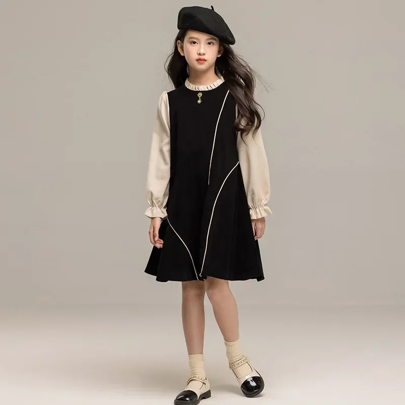 

Girls Autumn Dress Fake Two Piece Color Contrasting Princess Dress 2024 Korean Children Long Sleeve Dress Stylish