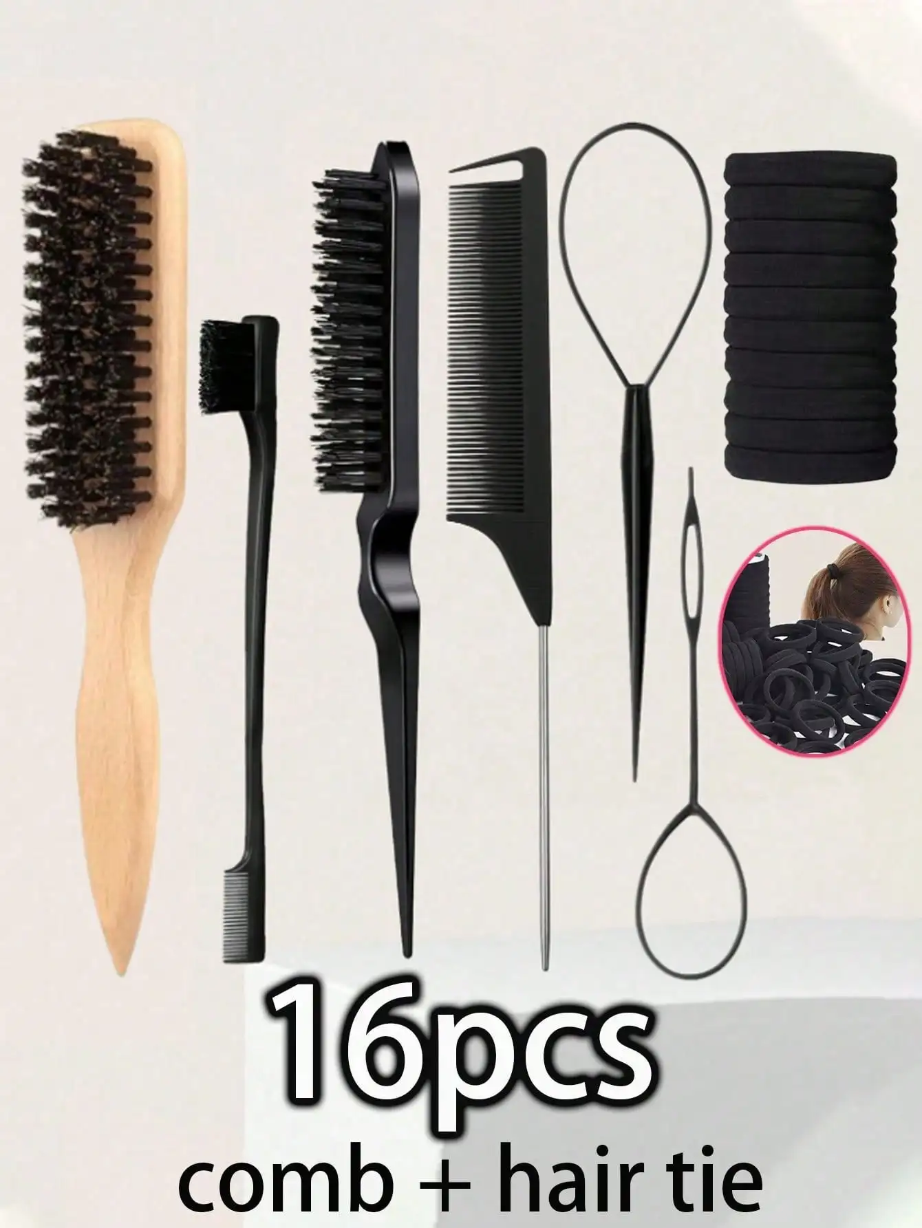 

16/1 Set Unisex Smooth Comb, Beard Brush, Frizz Control Comb, Fluffy Wooden Handle Brush, Hair Scrunchie, Detangling Brush, Hairline Control, Sleek Comb, Hair Brush, Fluffy Wooden Handle Brush, Frizz Control Comb, Plastic Hair Comb, Create Smooth Ponytail
