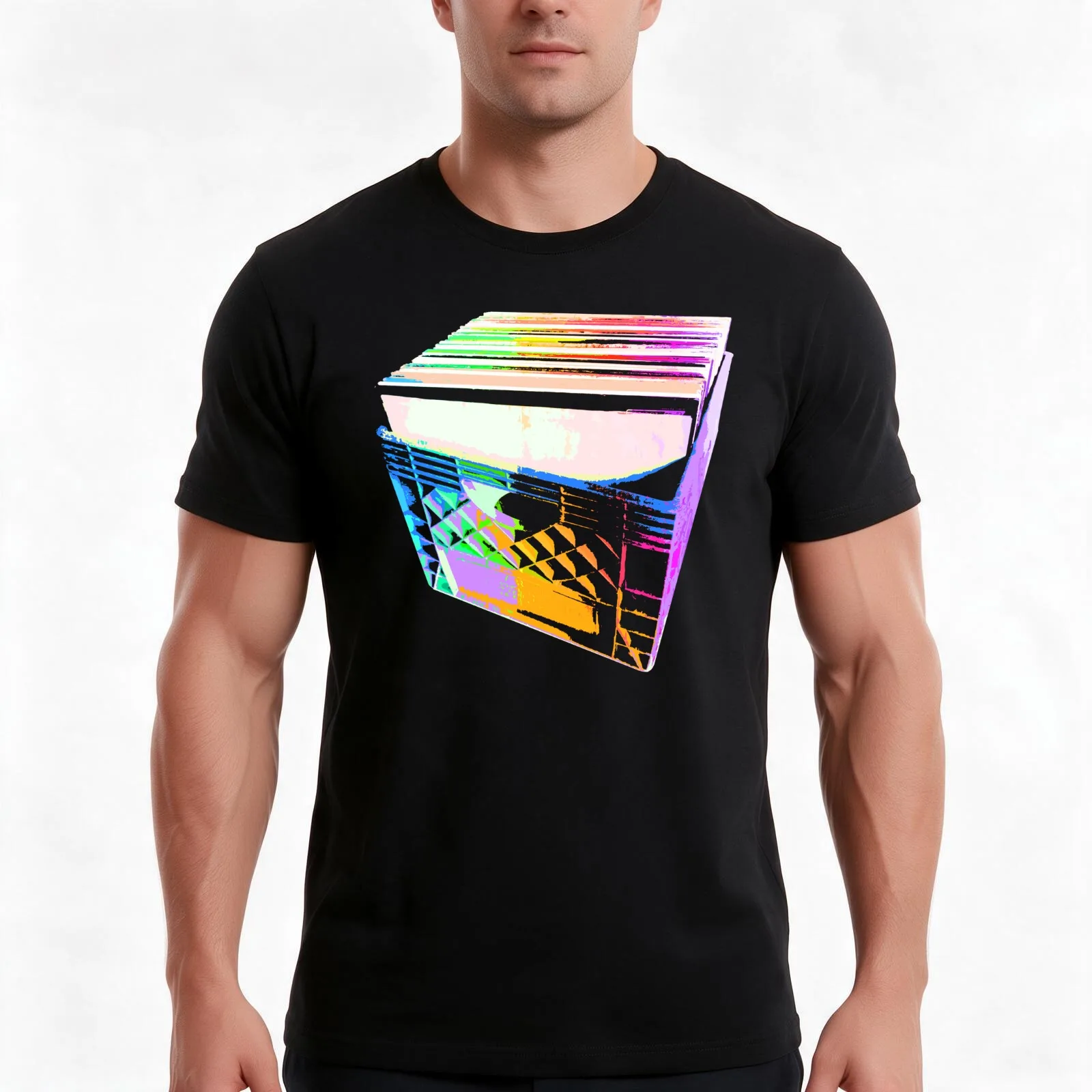 Crate of Vinyl LP Records (pop art colors) T-Shirt, Summer Casual Cotton Tee, Oversized Streetwear Tops, Vintage Graphic Print