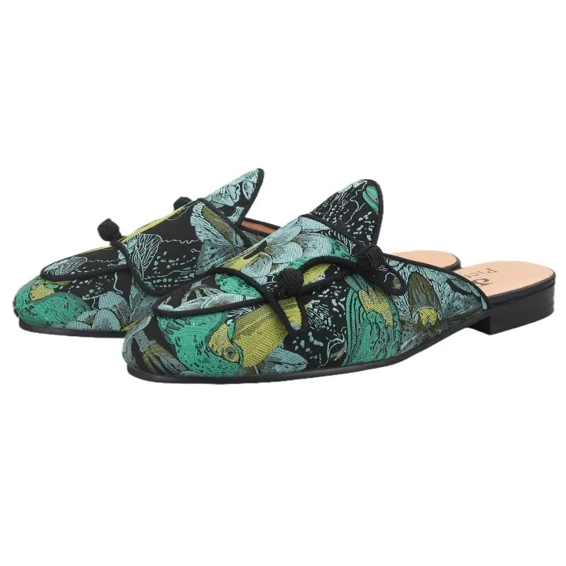 

2025 Woods And Bird Patterns Silk Men's Mules Wear For Casual Or Party Chinese Style Black Balls Buttons Monk Slippers