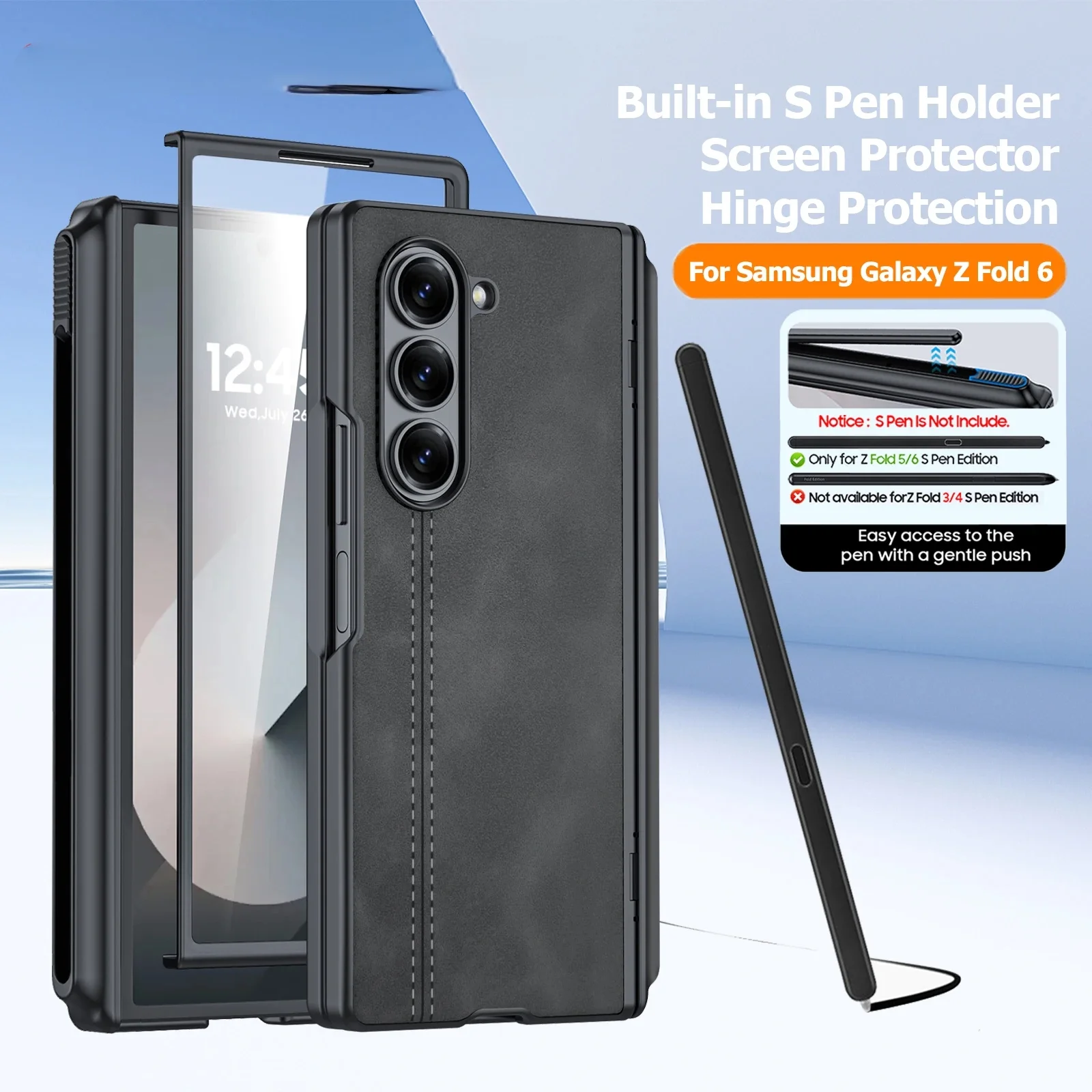 

With S Pen Holder, For Magsafe Hinge Protection,Screen Protection,PU Leather Matte PC Shockproof Case for Galaxy Z Fold 6-Black