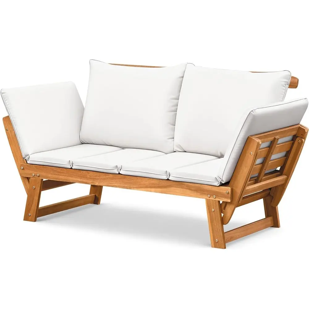 

Acacia Wood Outdoor Loveseat with Adjustable Armrests and Sofa Cushions for Patio, Balcony, or Backyard in White