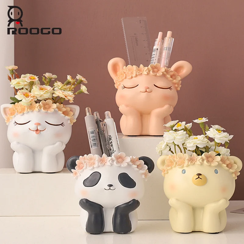 

ROOGO Resin Figurine Cartoon Animals Design Succulent Pots With Drainage Flower Pot for Cute Cactus Rabbit Planter Vase