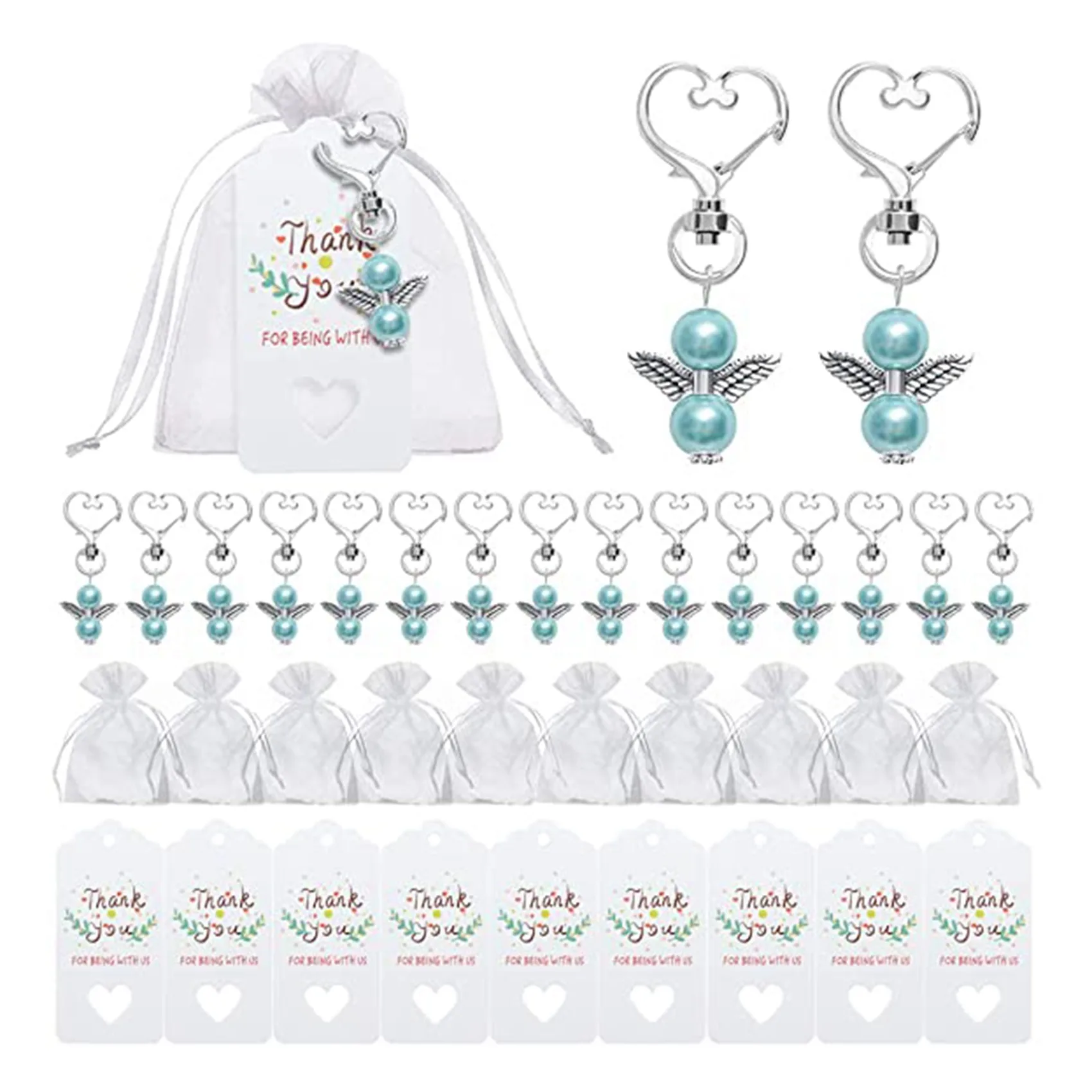 40 Sets Pearl Angel with Heart-Shape Keychain Wedding Favor Set, Include Angel Pearl Keychains, Organza Gift Bags