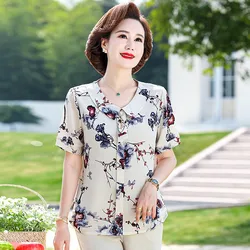 Casual Sweet Peter Pan Collar Blouse Fashion Embroidery Summer Camellia Printed Female Clothing Short Sleeve Folk Spliced Shirt