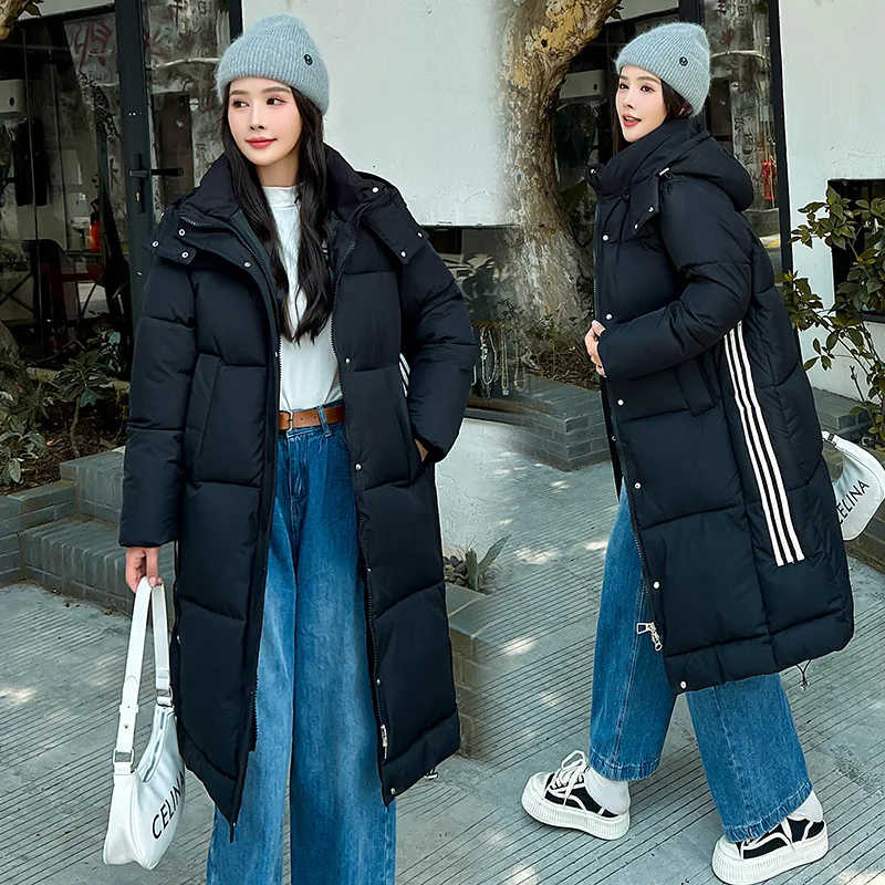 Parka longue à capuche avec poignées amovibles pour femme, manteau rembourré, vêtements de neige chauds, col en fourrure épais, poches zippées, hiver, nouveau, 2024