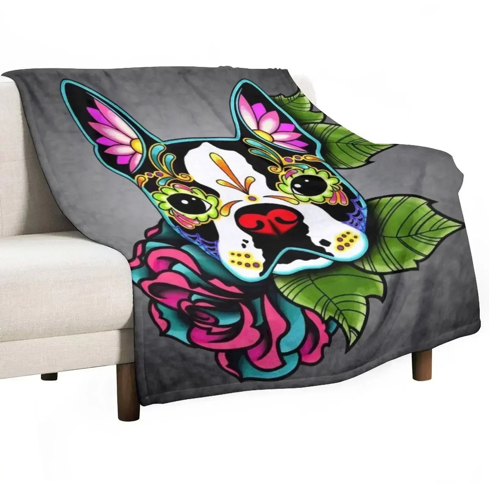 

Boston Terrier in Black - Day of the Dead Sugar Skull Dog Throw Blanket Outdoor Soft Blanket for Picnic Beach Camping