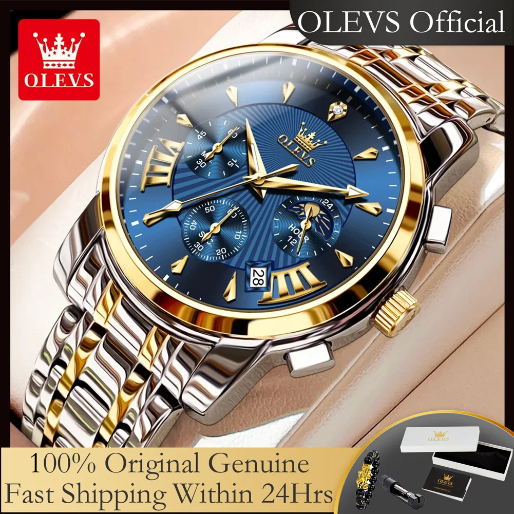 

OLEVS 2892, роскошные брендовые оригинальные мужские кварцевые часы из нержавеющей стали, хронограф с фазой Луны, водонепроницаемые часы с автоматической датой для мужчин
