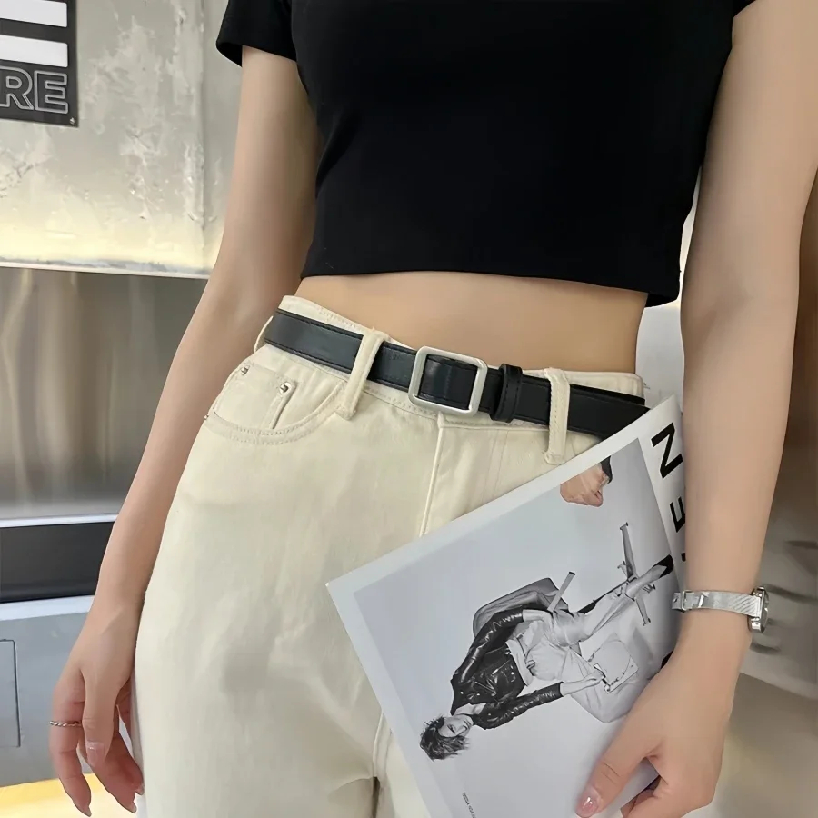 جديد بو حزام جلد للنساء مربع مشبك دبوس مشبك الجينز حزام أسود شيك العلامة التجارية الفاخرة السيدات خمر حزام الإناث زنار #4