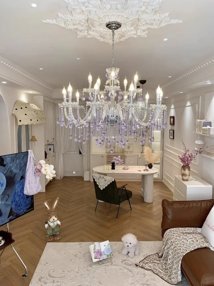 

Французская потолочная светодиодная хрустальная люстра, украшение дома, гостиная, спальня, столовая, фиолетовая лампа с каплями воды, светильник