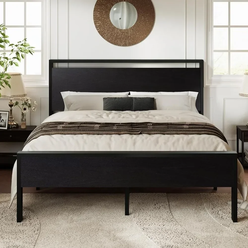 Queen Size Platform Bed Frame with Wooden Headboard and Footboard, Heavy Duty 12 Metal Slats Support, No Box Spring Needed。