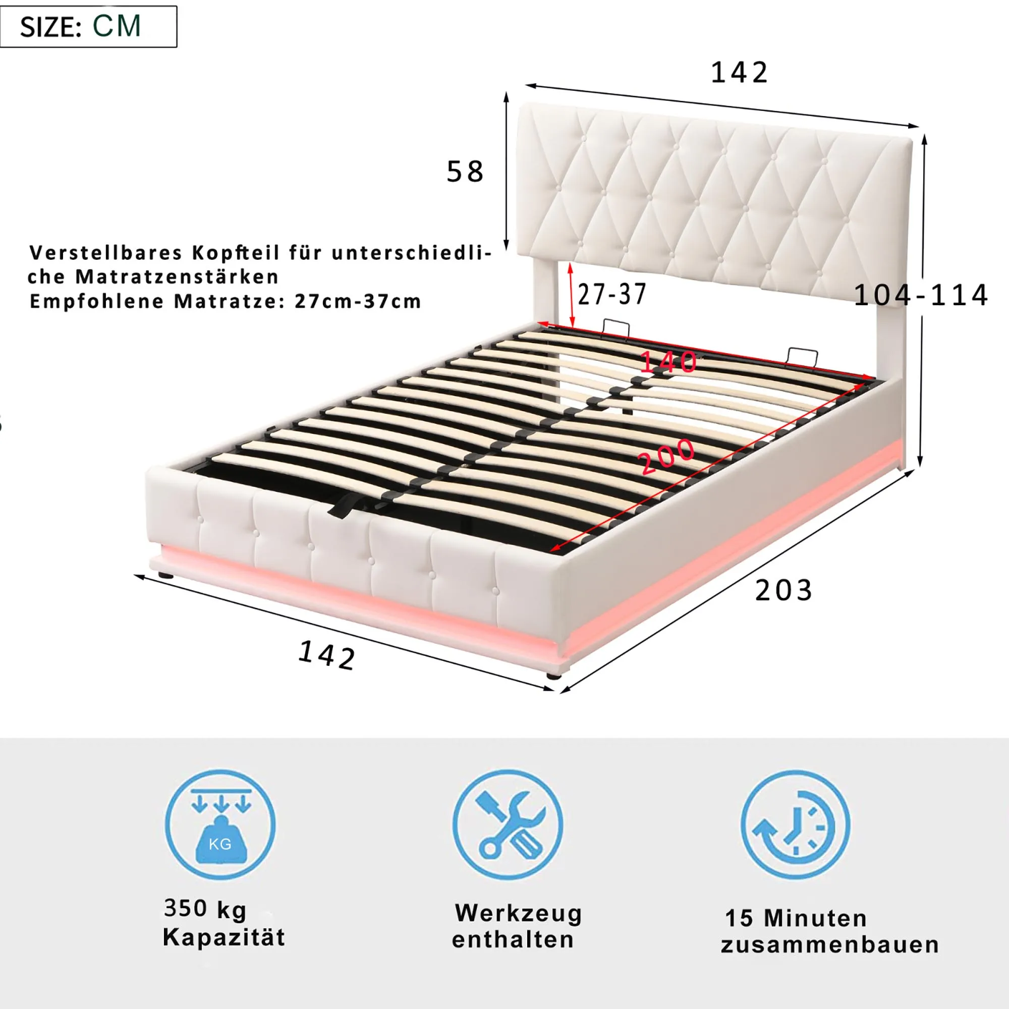 Letto imbottito bianco, letto matrimoniale 140x200 cm, con rete a doghe, rivestimento in pelle artificiale, illuminazione a LED, letto sollevabile