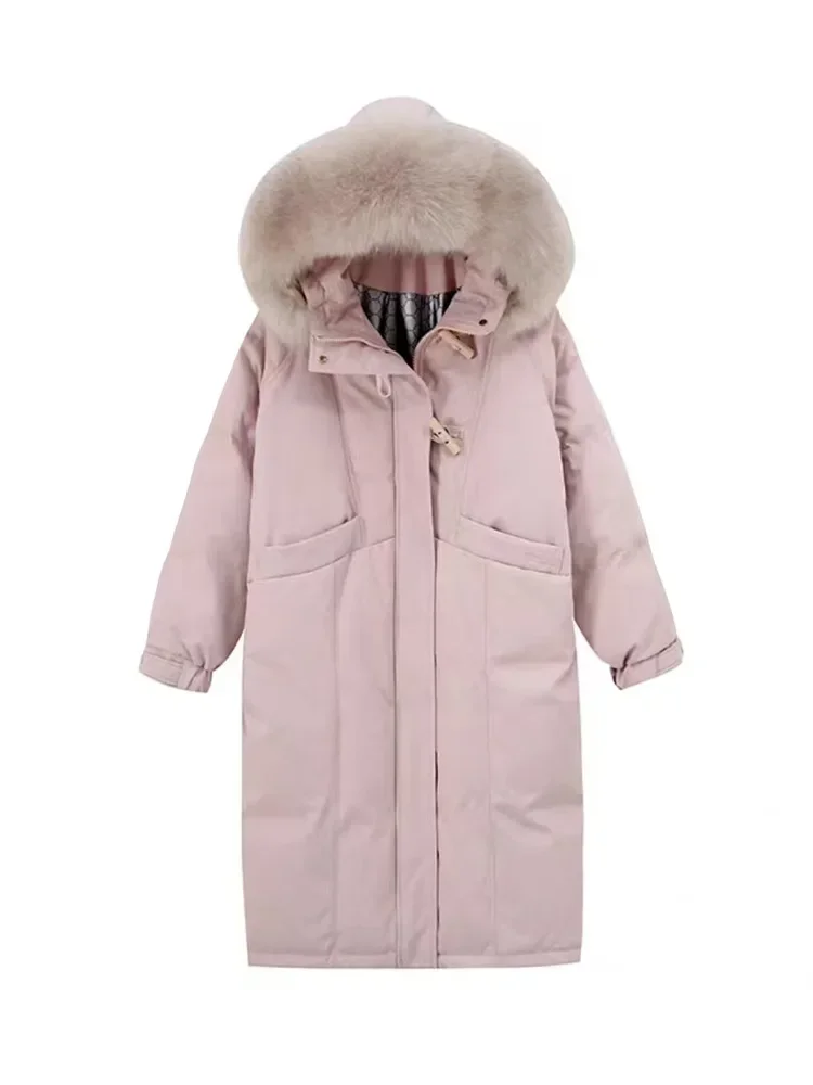 2024 New Korean Style High-End Fashionable Waist-Cinching Down Jacket for Women Long Knee-Length Thickened Winter Coat