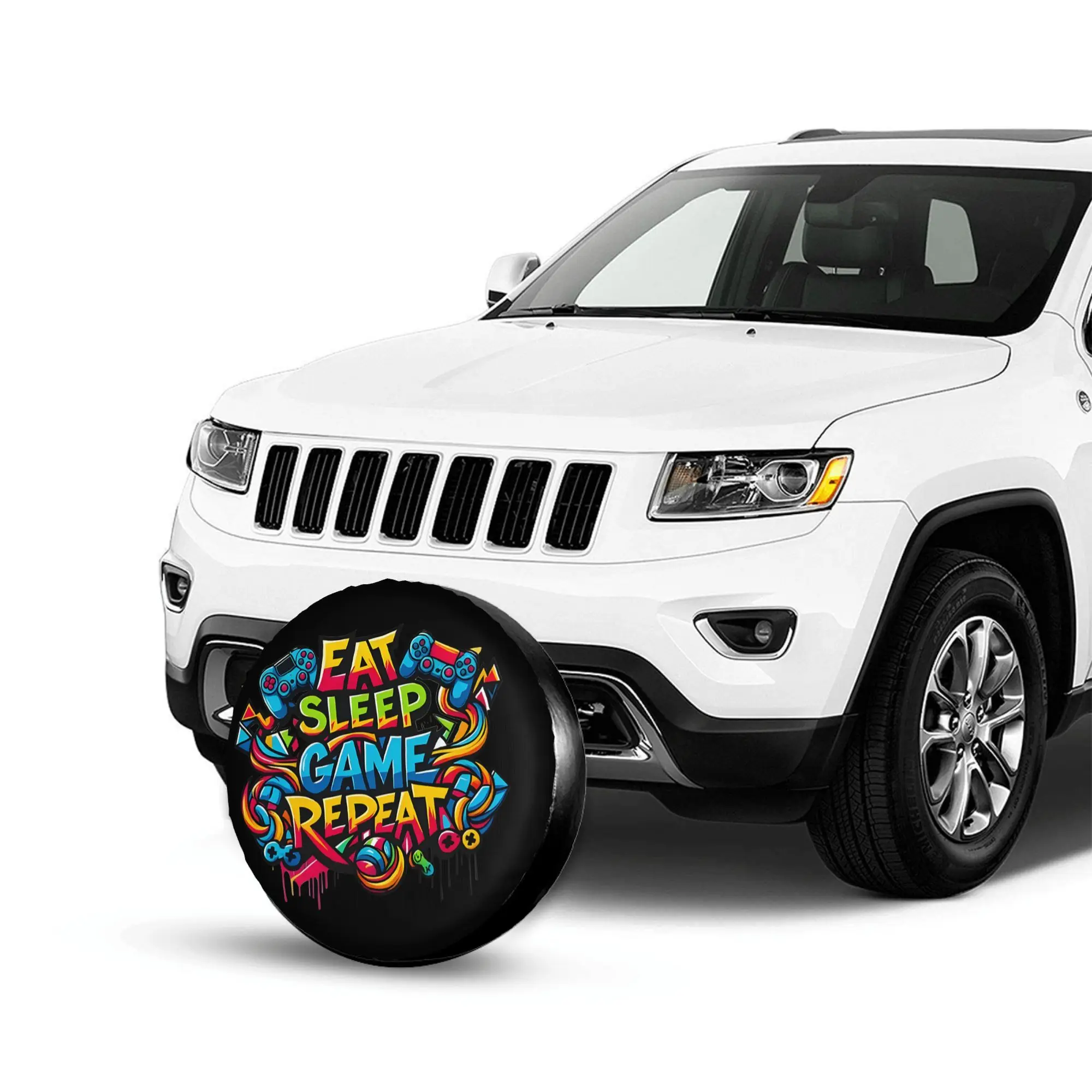 Eat Sleep Game Repeat Graffiti Spare Tire Cover Durable Polyester Protector for Trucks SUVs