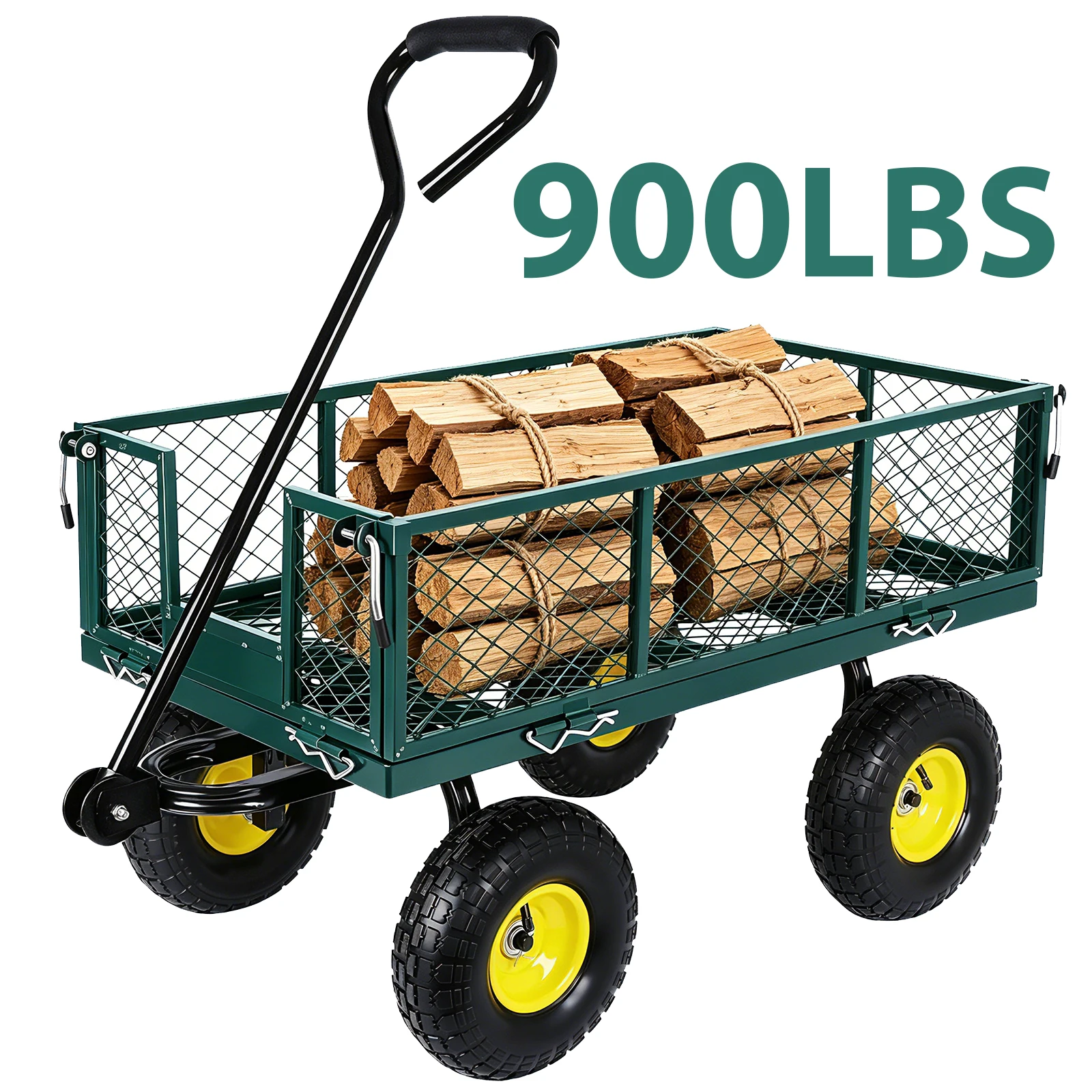 Chariot de jardin en acier robuste de 900 lb, chariot utilitaire en métal 360 °   Chariot à benne basculante avec roues rotatives de 10 pouces et côtés amovibles pour la ferme, la cour et la plage
