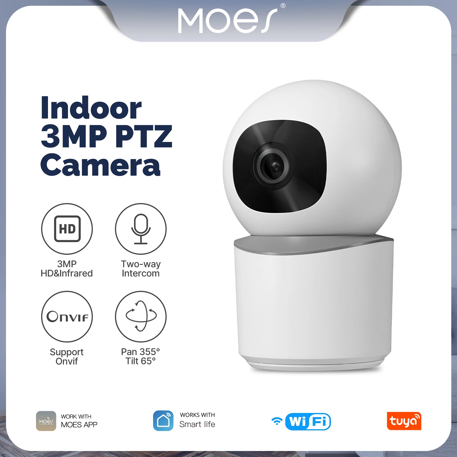 moes tuya wifi indoor pan tilt camera de seguranca inteligente 3mp hd infravermelho visao noturna rastreamento de movimento suporte de deteccao de som onvif 01