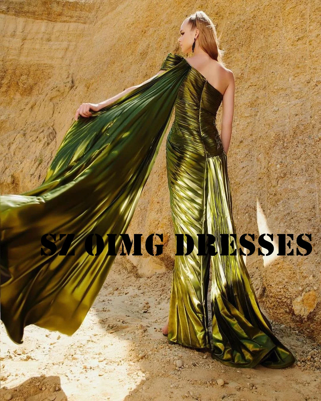 OIMG New Design Pleated Prom Dresses Arabic Women One-Shoulder Satin Green Beading Customized Evening Gowns Formal Party Dress