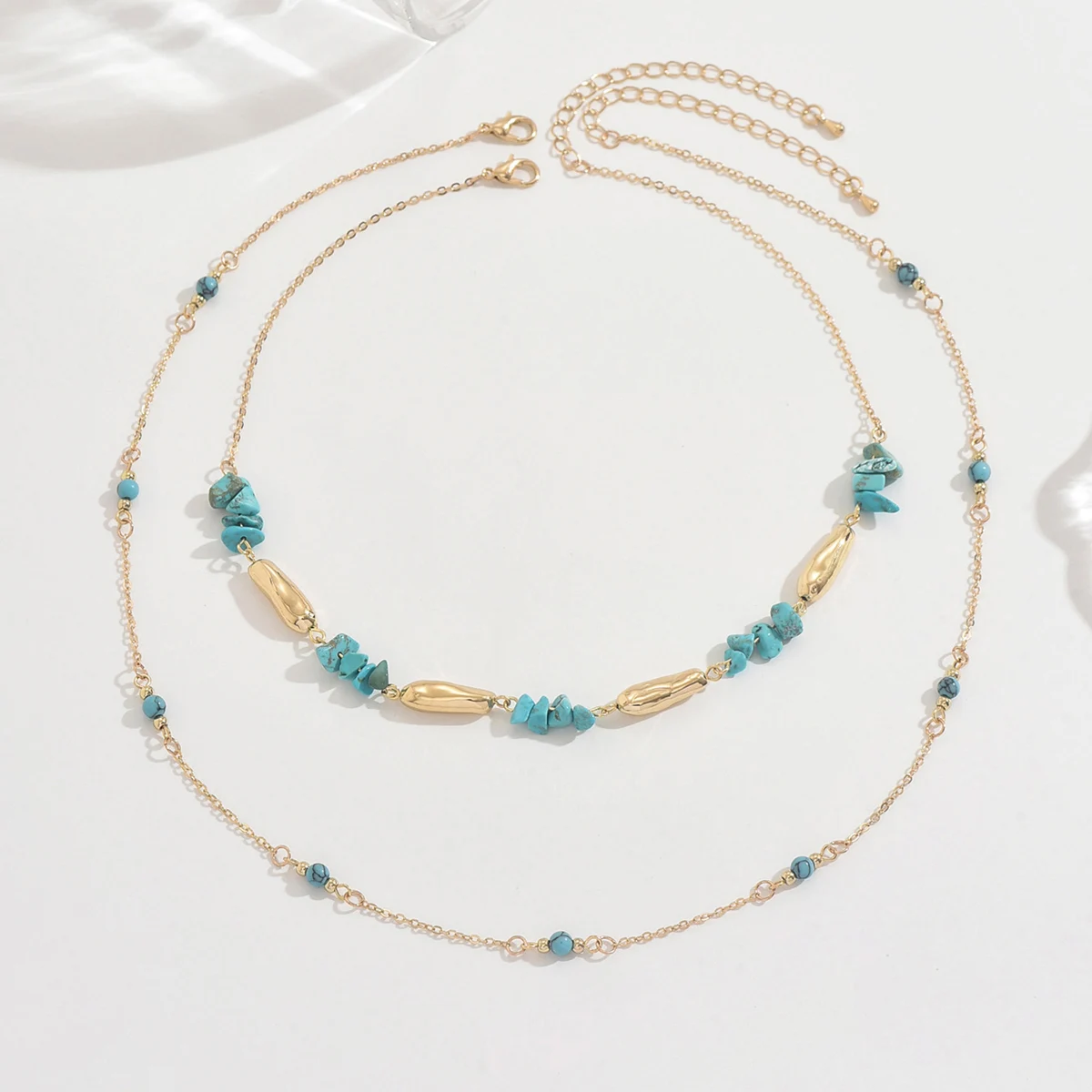 2-Piece Set of Vintage Bohemian Ethnic Style Irregular Imitation Turquoise Spliced Irregular Rectangular Seed Bead Double-Layer Stacked Necklace Set, Fashionable Sweater Chain, Thin Chain Clavicle Chain