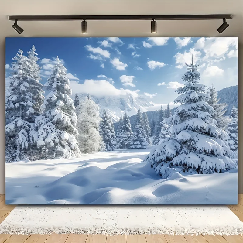 Weihnachtswunderland-Hintergrundstoff – Winterkiefernwald, blauer Himmel und weiße Wolken, Schneeszene, Polyesterstoff