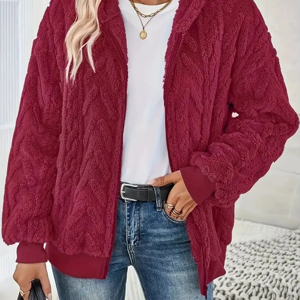 

New Autumn Winter Plush Women's Zipper Hooded Long Sleeve Loose Knitwear Jacket Pure Color Sweatshirt Outerwear