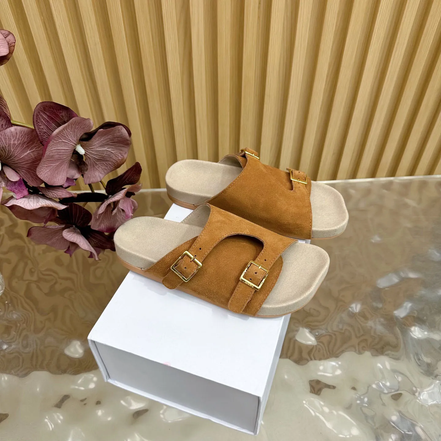 

Женские мюли на плоской подошве с двойной пряжкой из замши, повседневная обувь для улицы и пляжа, удобные слипоны, размеры 35-41