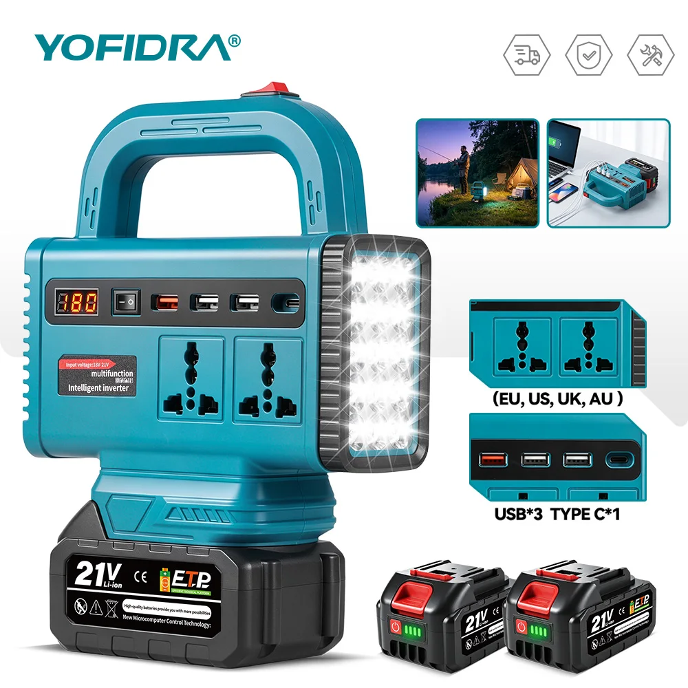 YOFIDRA Stromwechselrichter 350W DC 18V-21V zu AC 220V Lithium-Batterie-Wechselrichter mit Dual-USB-Ladeanschluss für Makita-Akkus