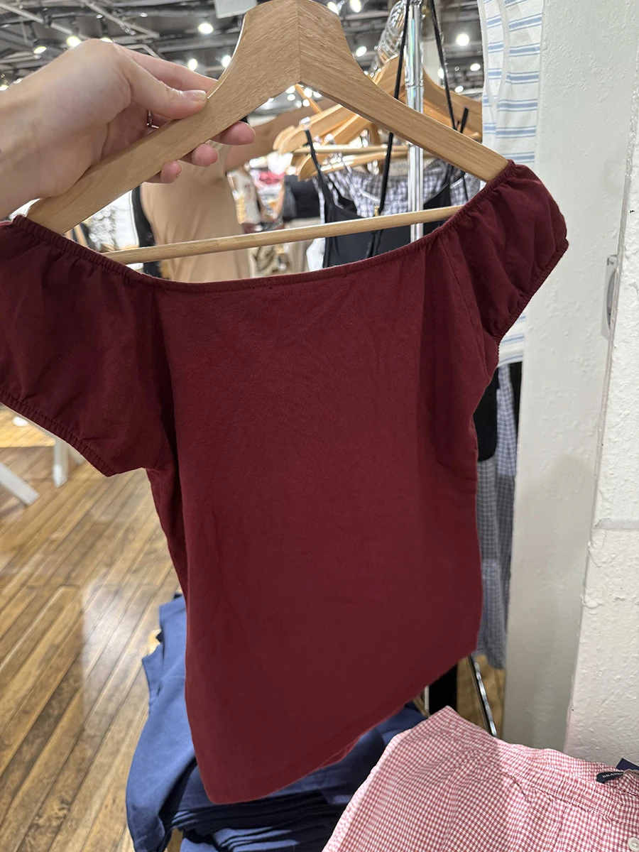 Chic Burgundy Mesh Folds Short Sleeve Tee Women Summer Square Collar Cotton Ruffle Slim T-shirts Female Sweet Simple Cute Tops