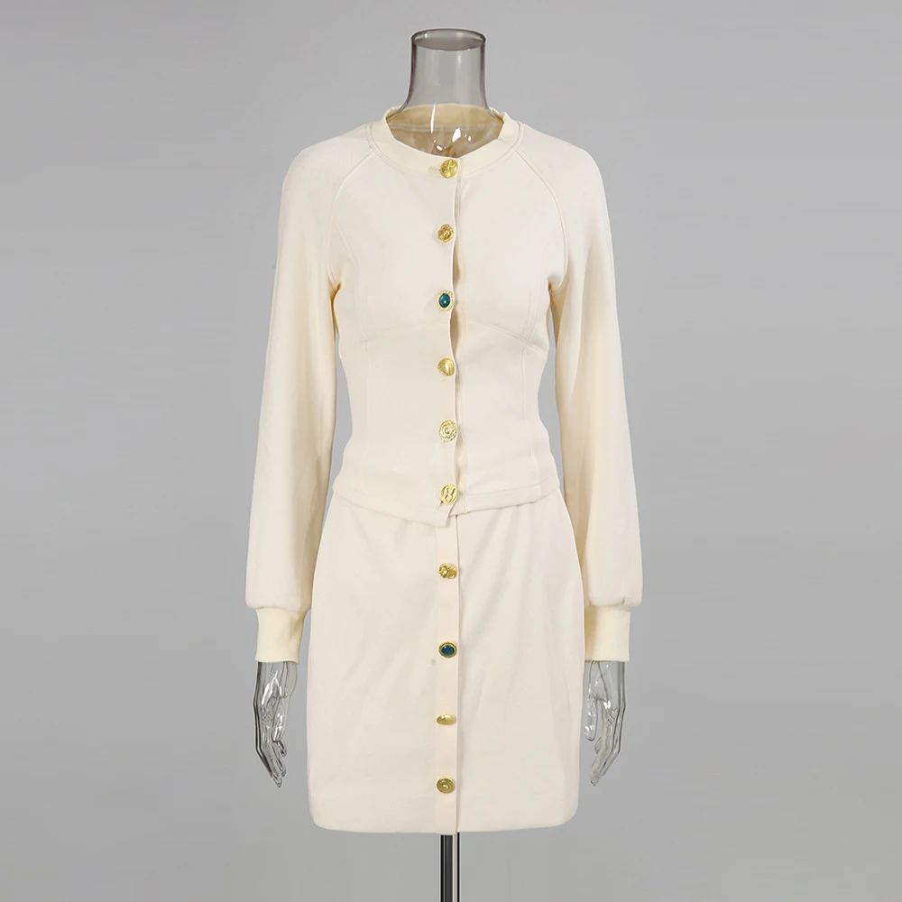 TWOTWINSTYLE, conjunto de dos piezas liso empalmado con una hilera de botones, chaqueta de manga larga con cuello redondo para mujer, conjunto de falda informal para mujer, novedad de otoño