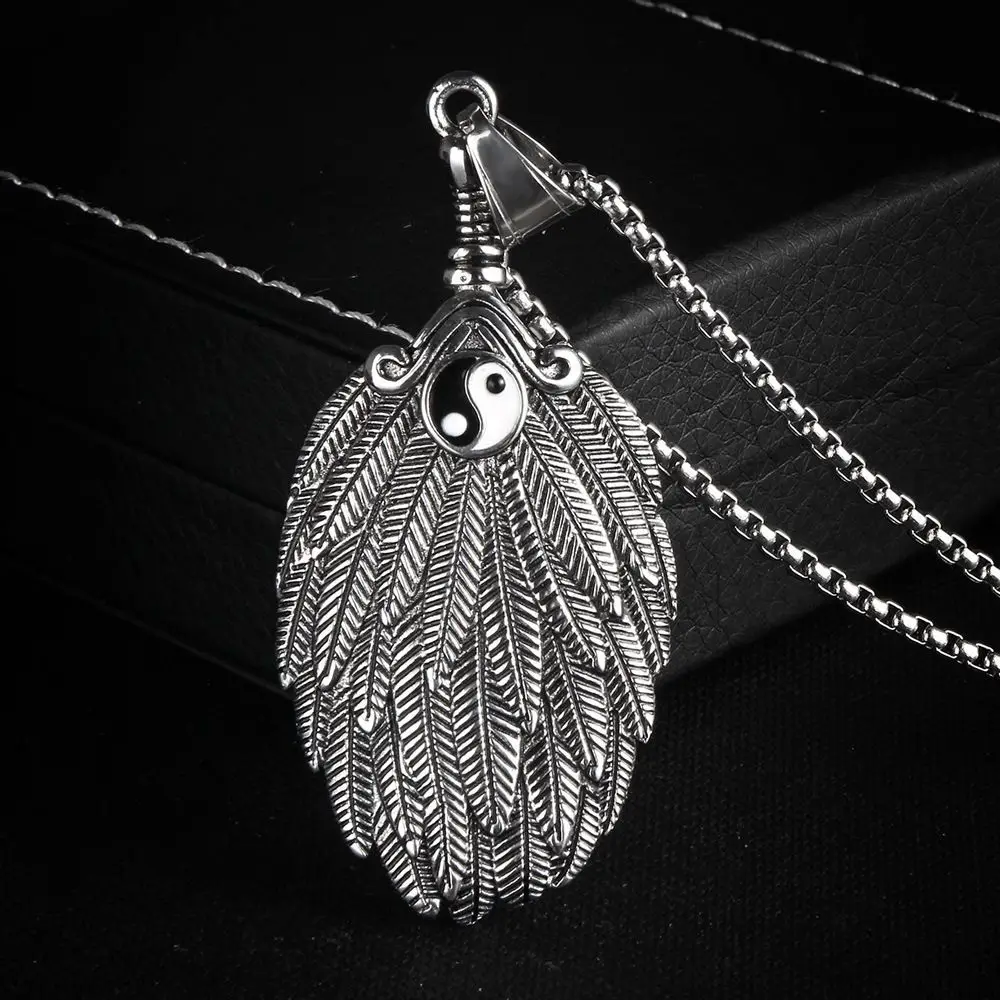 Titanium Colorfast Necklace Male Personality Retro Tai Chi Gossip Feather Pendants Couples Individuality Hanging Handicrafts