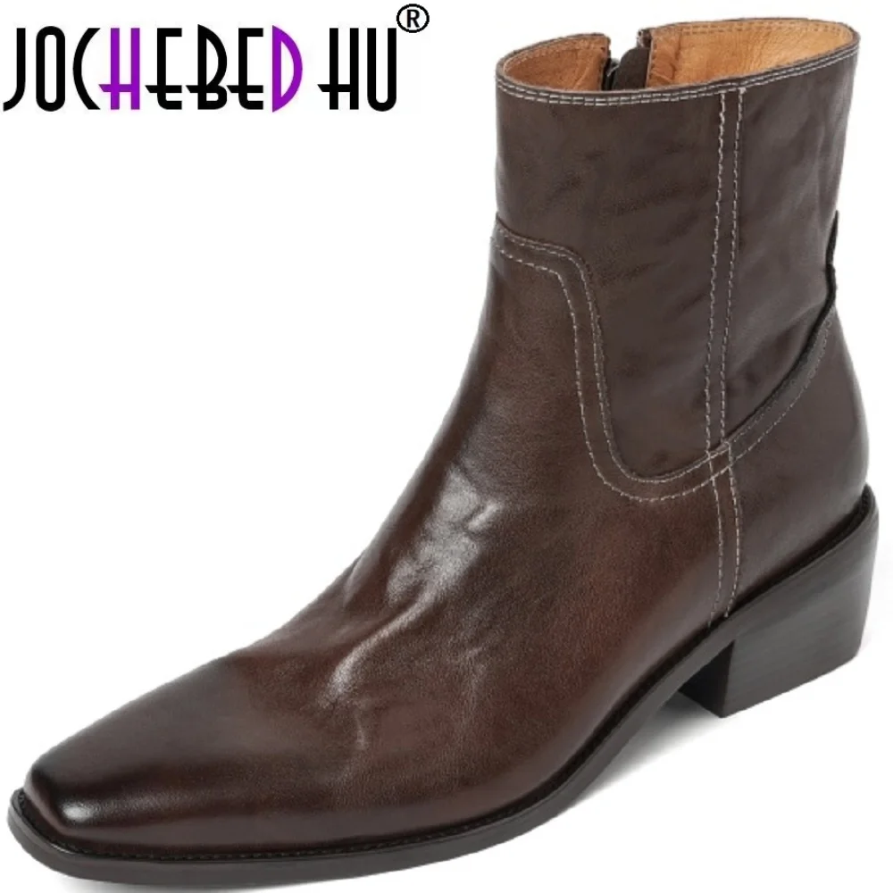 

【JOCHEBED HU】Handmade Genuine Leather Soft and comfortable Ankle Boots Women's Chunky Heel Retro ort Pattern Booties 34-40