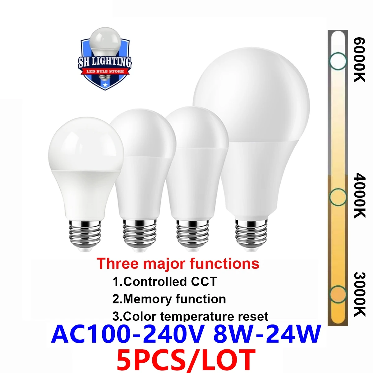 

5PCS LED Color-adjusted Bulb E27 B22 AC120V/AC220V 8W-24W CCT,Memory Function,Color Temp Reset Light for Home, office Lighting