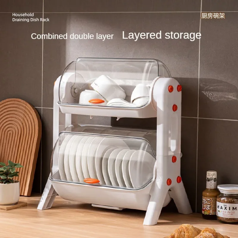 Household Layered Kitchen Double Cupboard Chopsticks Storage Box Plastic with Lid Plate Drain Bowl Rack Shelf