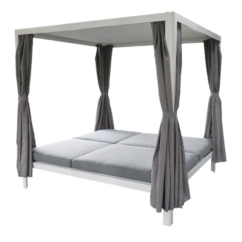 Outdoor Aluminum Patio Double Chaise Lounge Retractable Canopy Daybed Grey Cushion Beige Outdoor Curtain for Gardenpromote sales view 2
